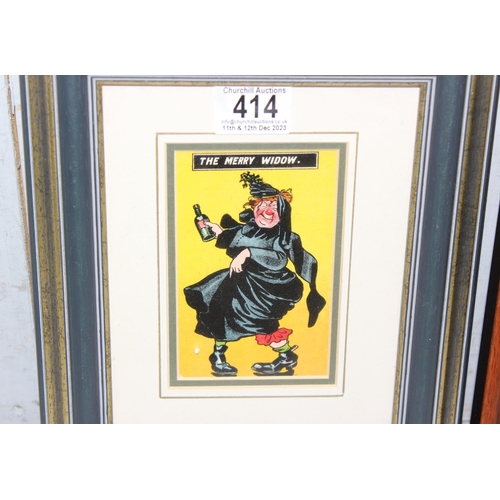 414 - Framed antique postcard 'The Merry Widow' and a framed collection of advertising cut-outs for pens a... 