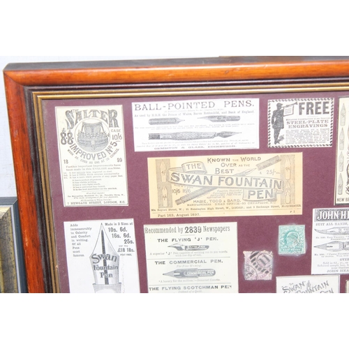 414 - Framed antique postcard 'The Merry Widow' and a framed collection of advertising cut-outs for pens a... 