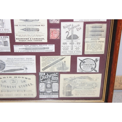 414 - Framed antique postcard 'The Merry Widow' and a framed collection of advertising cut-outs for pens a... 