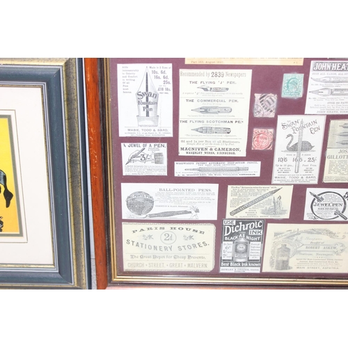 414 - Framed antique postcard 'The Merry Widow' and a framed collection of advertising cut-outs for pens a... 