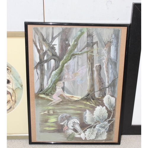 415 - 2 original watercolours, one of fairies in a woodland and one of a bulldog, along with a framed phot... 