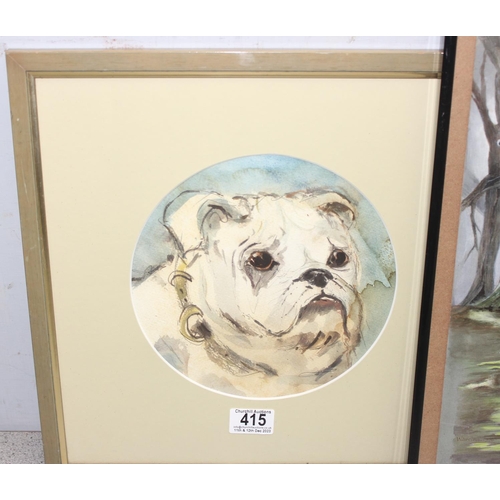 415 - 2 original watercolours, one of fairies in a woodland and one of a bulldog, along with a framed phot... 