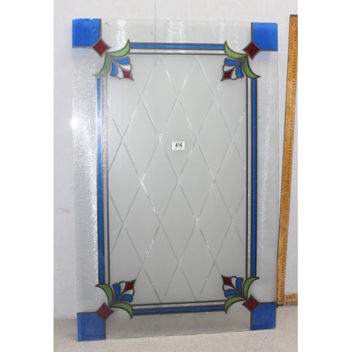 416 - Large frosted glass panel in the style of leaded stained glass approx. 64cm x 98cm