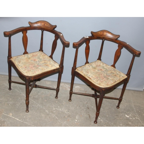 61 - A pair of Edwardian corner chairs with Sheraton Revival inlay, each approx 62cm wide