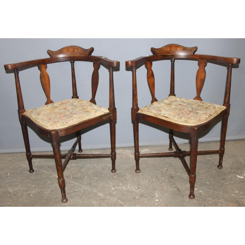 61 - A pair of Edwardian corner chairs with Sheraton Revival inlay, each approx 62cm wide