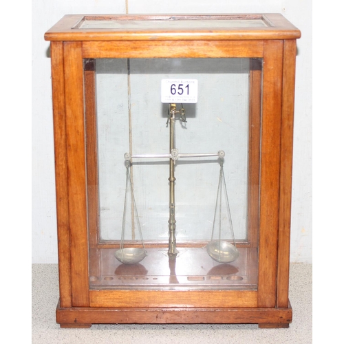 651 - Cased set of antique apothecary scales, approx. 34cm high in case