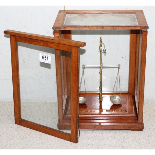 651 - Cased set of antique apothecary scales, approx. 34cm high in case