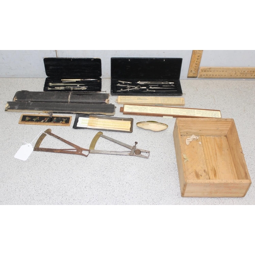 655 - Qty of small scientific items to incl slide-rules and technical drawing tools etc