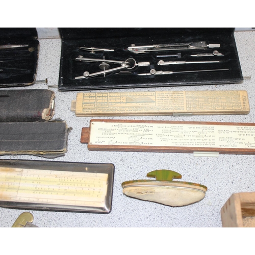 655 - Qty of small scientific items to incl slide-rules and technical drawing tools etc