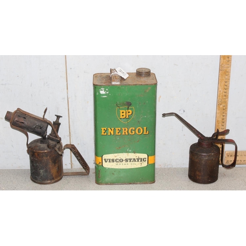 702 - Vintage BP Energol motor oil  can, blow lamp and small oil can (3)