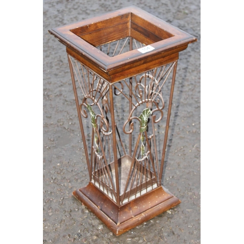 104 - A vintage wooden and wrought iron umbrella or stick stand, approx 30cm square x 58cm tall