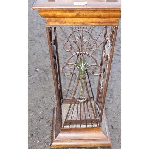 104 - A vintage wooden and wrought iron umbrella or stick stand, approx 30cm square x 58cm tall