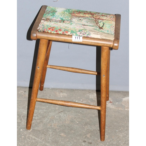 111 - A vintage wooden and tapestry seated stool, approx 50cm tall