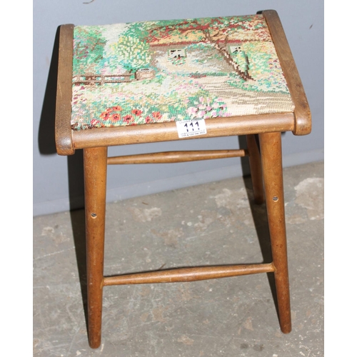 111 - A vintage wooden and tapestry seated stool, approx 50cm tall