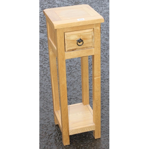 113 - A small wooden side table or stand with single drawer, approx 28cm square x 83cm tall