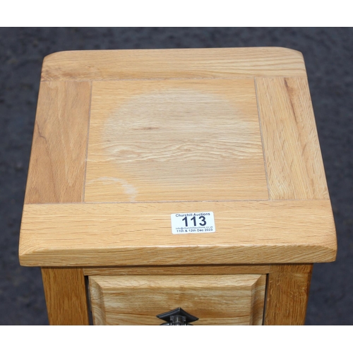 113 - A small wooden side table or stand with single drawer, approx 28cm square x 83cm tall