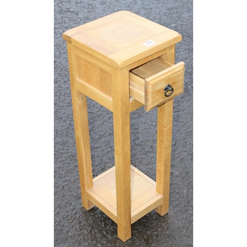 113 - A small wooden side table or stand with single drawer, approx 28cm square x 83cm tall