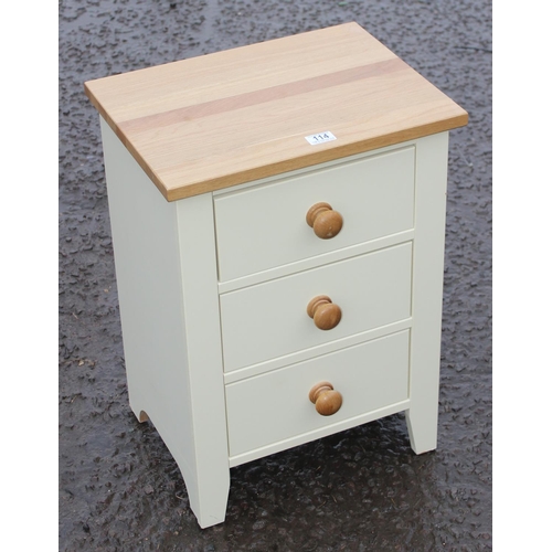 114 - A modern 3 drawer bedside table or cabinet, approx 45cm wide x 35cm deep x 63cm tall