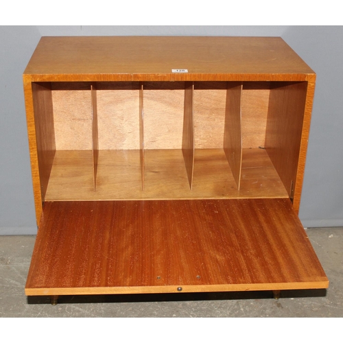 128 - A retro light oak record cabinet on legs, approx 71cm wide x 38cm deep x 69cm tall