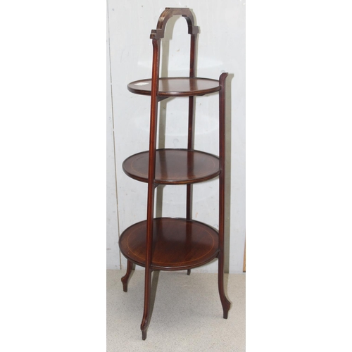 153 - Edwardian mahogany Sheraton Revival graduated 3-tier cake stand, approx 86cm tall