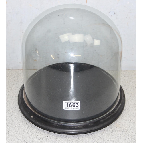 1663 - Antique glass dome on wooden base, approx 27 x 27 x 27cm