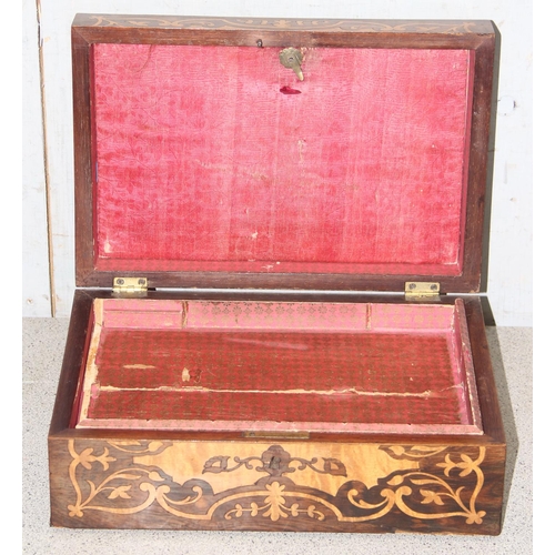 287 - Antique highly decorative rosewood and satinwood inlaid wooden jewellery box, approx 28cm x 19cm x 1... 