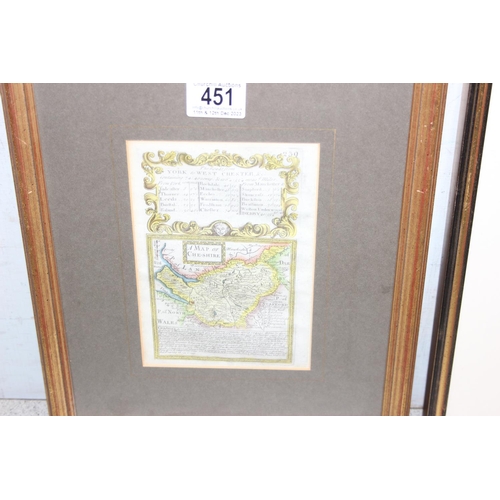 451 - 2 antique hand coloured strip maps of Oxfordshire and Cheshire, and a Herman Moll map of Leicestersh... 