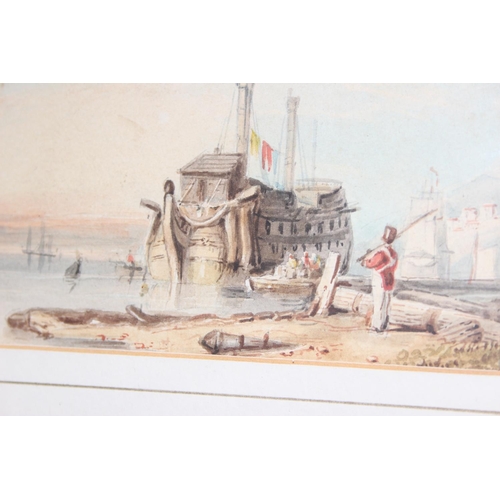 452 - A small antique watercolour depicting a redcoat soldier looking at a galleon in dock, indistinctly s... 