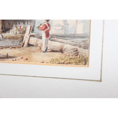 452 - A small antique watercolour depicting a redcoat soldier looking at a galleon in dock, indistinctly s... 