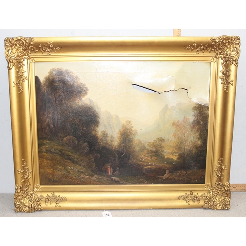 471 - Victorian landscape oil on canvas with damages, in impressive period gilt-gesso frame 96 x 75cm