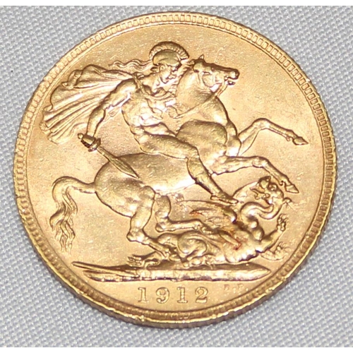 1211 - British Gold Coins - George V (1910-1936), 1912 gold full sovereign coin, London mint, approx 7.97g ... 