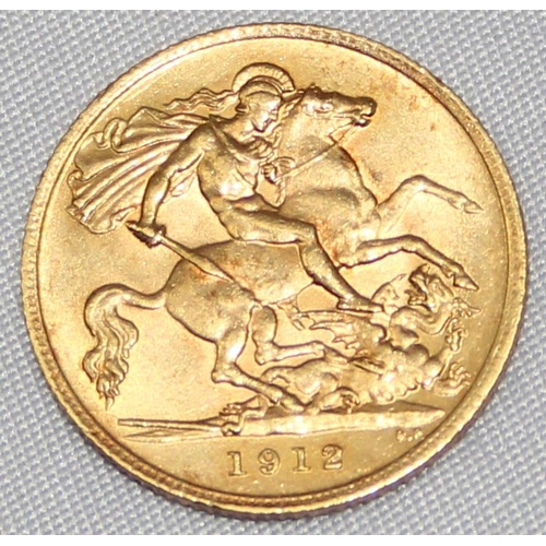 1212 - British Gold Coins - George V (1910-1936), 1912 gold half sovereign coin, London mint, approx 3.98g ... 