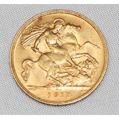 1213 - British Gold Coins - George V (1910-1936), 1912 gold half sovereign coin, London mint, approx 3.97g ... 