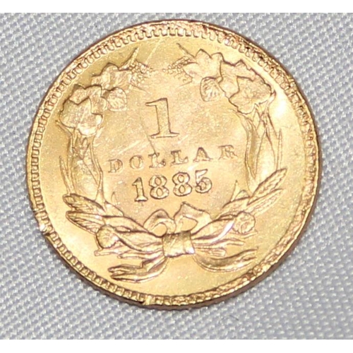 1215 - US Gold Coins - a rare 1885 $1 gold coin, 0.900 gold and XRF confirmed, extremely low mintage year o... 