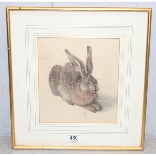 480 - After Albrecht Dürer, print of the original watercolour 'Young Hare' originally painted in 1502, app... 