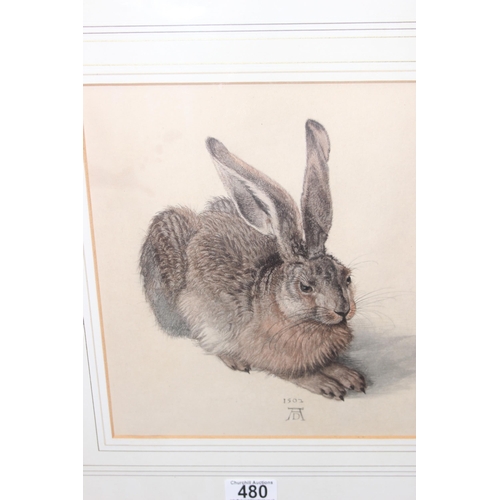 480 - After Albrecht Dürer, print of the original watercolour 'Young Hare' originally painted in 1502, app... 