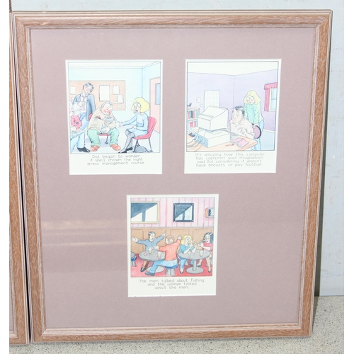 481 - Mix lot of pictures to incl small oil painting in gilt frame, 2 framed comic strip pictures, and a p... 