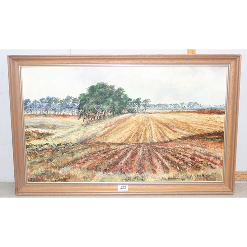 482 - Oil on board of a ploughed field signed John Broadwater, 1968, approx 84 x 52cm