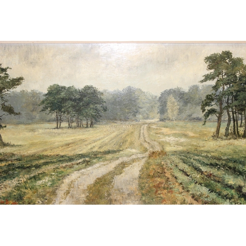 483 - Oil on board titled 'Track to Georges Plantation' Herringswell, Suffolk, signed John Broadwater, 196... 