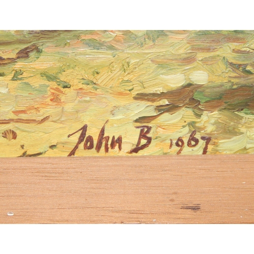 484 - Oil on board of a forest landscape scene, signed John Broadwater, 1967, approx 48 x 25cm