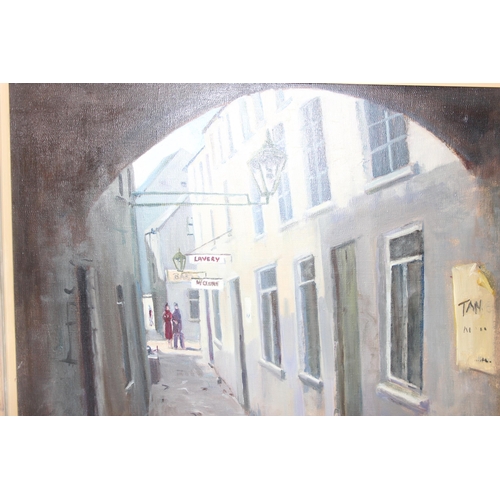 486 - Denis Thornton, Ireland, (1937-1999): Oil on board in gilt-frame of the backstreets of an Irish town... 