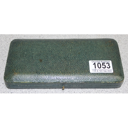 1053 - An early 20th century boxed Lobster cracker and pick set in box with green shagreen handles, likely ... 