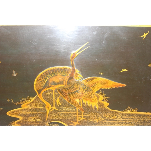 295 - Brian Stone of Wallingford, a handmade Japanese style lacquer panel depicting 2 cranes with aventuri... 