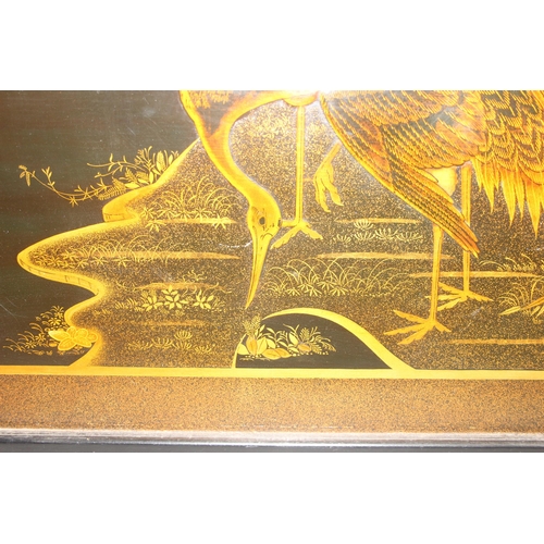 295 - Brian Stone of Wallingford, a handmade Japanese style lacquer panel depicting 2 cranes with aventuri... 