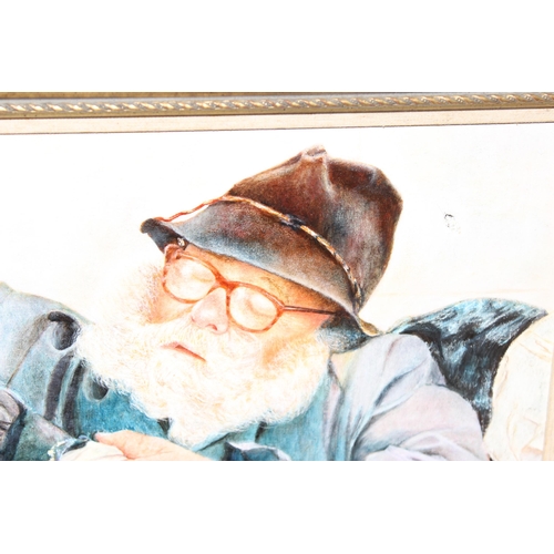 499M - Terry Smith, (British XX), Oil on Canvas of a snoozing elderly gent, signed top left, approx 57cm x ... 