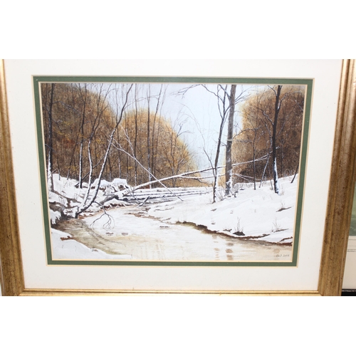 499N - 3 pictures to include a watercolour of a winter forest scene and 2 further modern prints