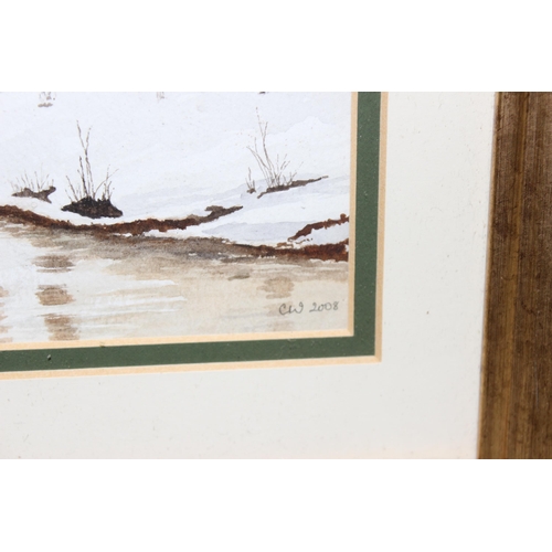 499N - 3 pictures to include a watercolour of a winter forest scene and 2 further modern prints