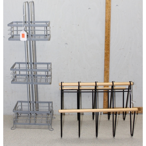 277 - A retro style metal 3 tier rack and a wooden and metal magazine rack (2)