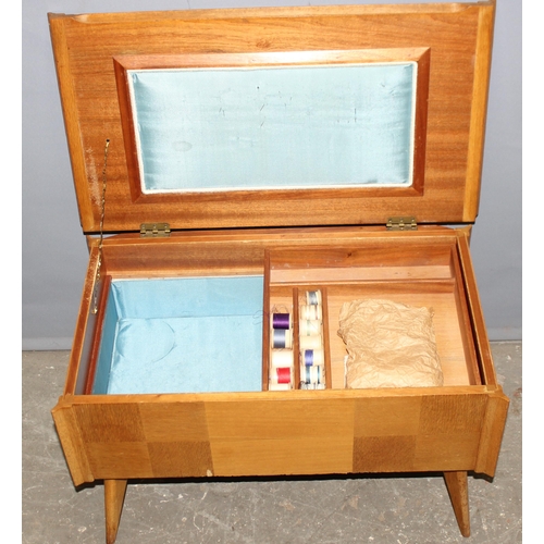 30 - A retro sewing box and contents, approx 69cm wide x 38cm deep x 41cm tall