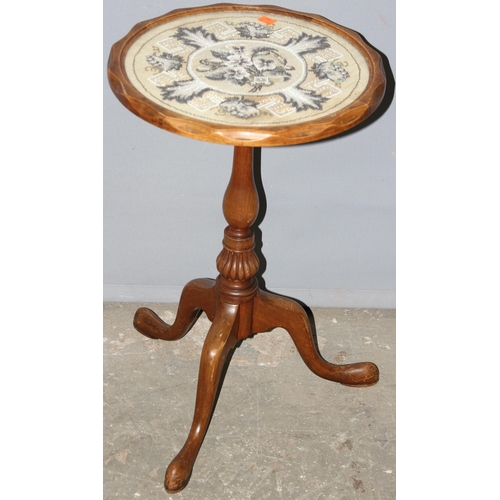 38 - A small vintage tripod wine table with beadwork top, approx 36cm in diameter x 57cm tall